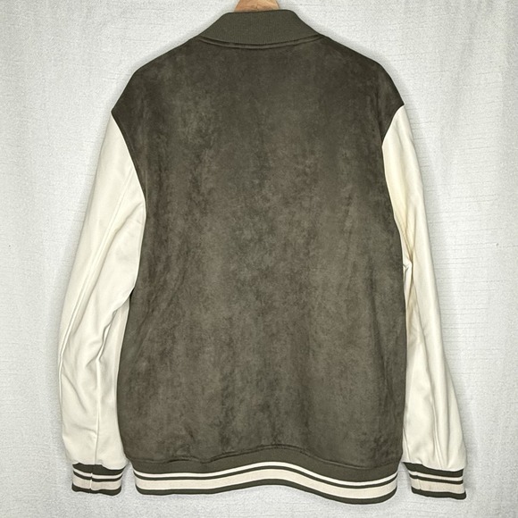 Guess Varsity Bomber Jacket Mens XL Olive Green Faux Suede Leather Logo Trap - Picture 3 of 8